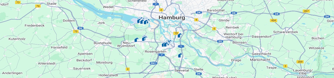 Bild einer Google Maps Karte mit markierten Standorten der Immobilienstandorte